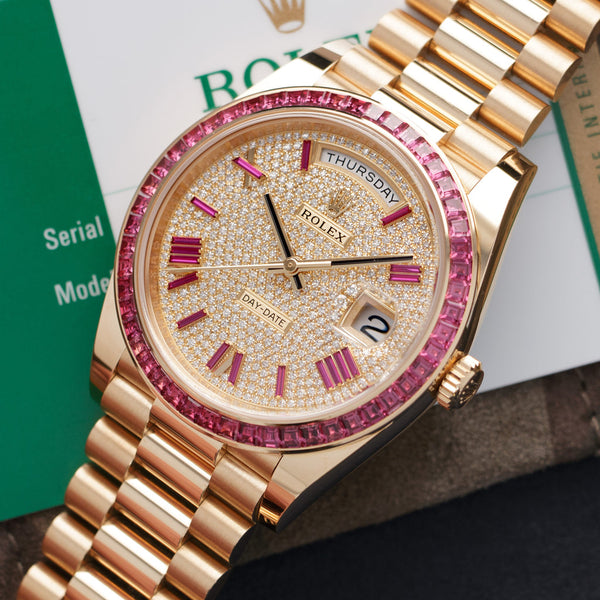 Rolex Day-Date 18238 President 36mm-18k Gold Watch-Red Baguette Diamond Dial